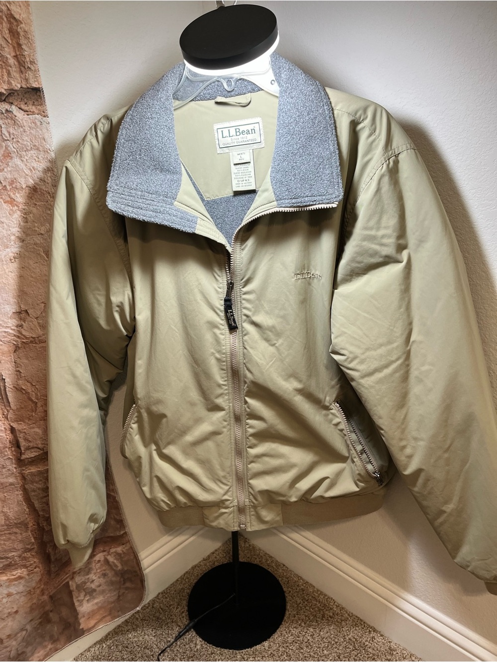 L.L. Bean Men’s Khaki Bomber Jacket with Gray Fleece Collar